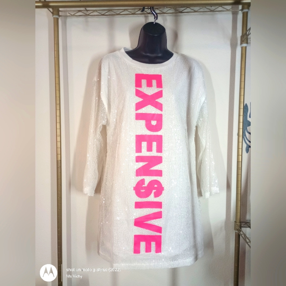 Tunic/Dress. White multifaceted Sequines w/ Pink Fonts. LG. NWOT
